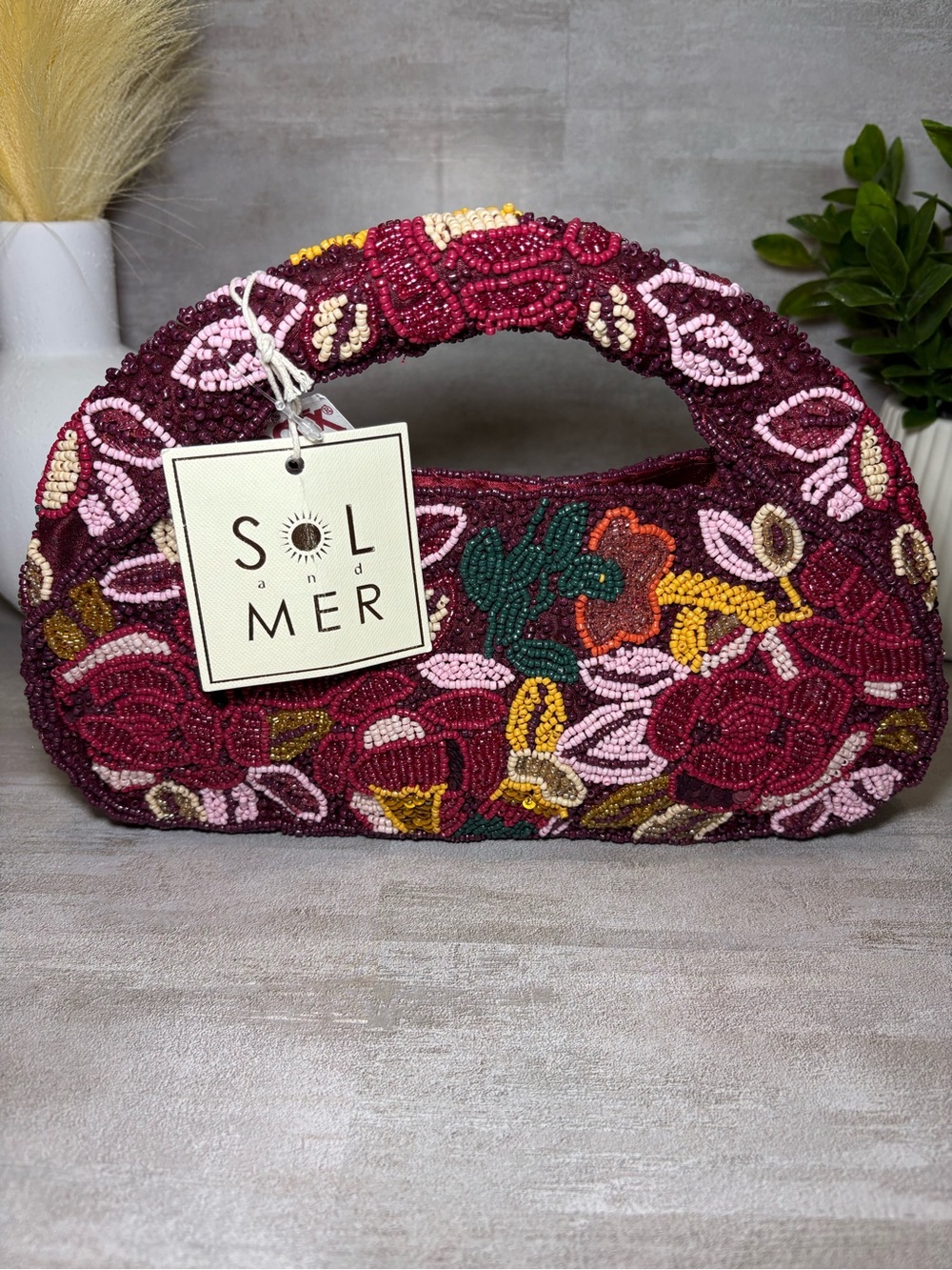 VIRAL/NWT Beaded Floral Handle Bag - Burgundy